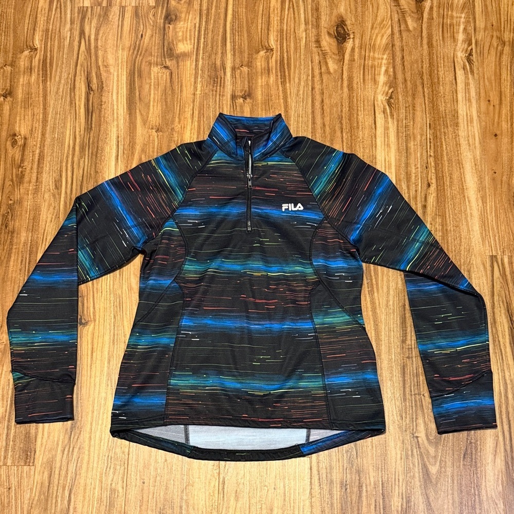 Fila women’s large 12 14 sweater pullover Quarter Zip Black multi running nwot